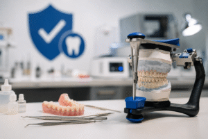Ambiente de laboratório de prótese dentária com equipamentos e modelos odontológicos utilizados na produção de próteses