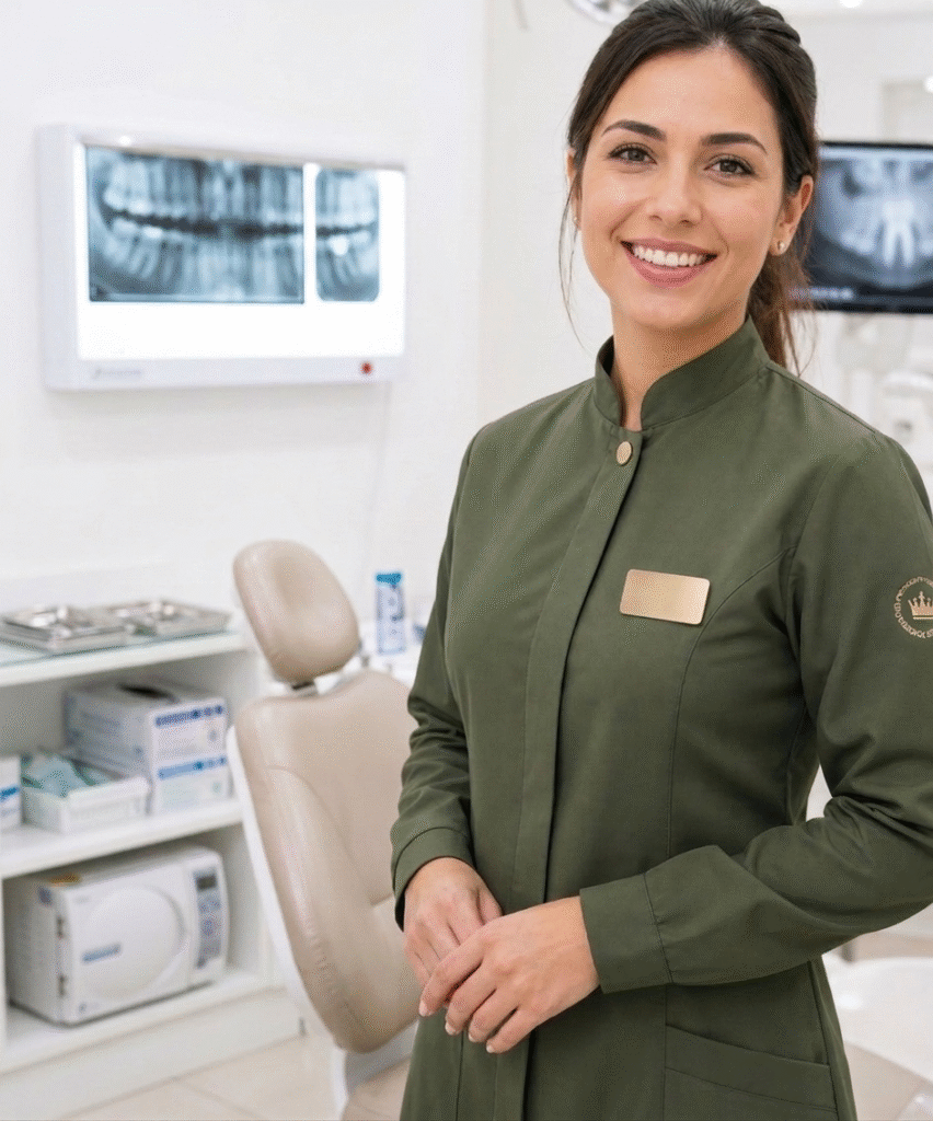 Auxiliar de Saúde Bucal com postura profissional em consultório odontológico moderno, transmitindo acolhimento, organização e confiança