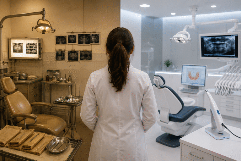 **Texto alternativo:** > **Cirurgiã-dentista observa dois consultórios odontológicos, um da década de 1990 e outro contemporâneo, representando a evolução da Odontologia com os avanços da ciência, da tecnologia e da prática clínica ao longo de mais de 30 anos.**