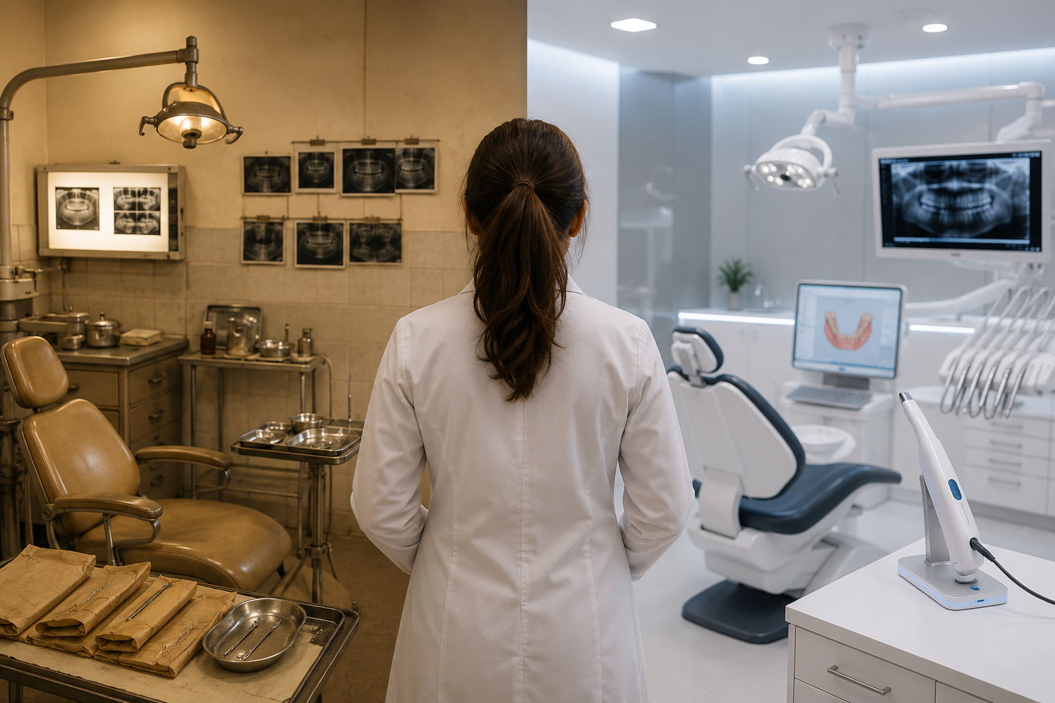 **Texto alternativo:** > **Cirurgiã-dentista observa dois consultórios odontológicos, um da década de 1990 e outro contemporâneo, representando a evolução da Odontologia com os avanços da ciência, da tecnologia e da prática clínica ao longo de mais de 30 anos.**