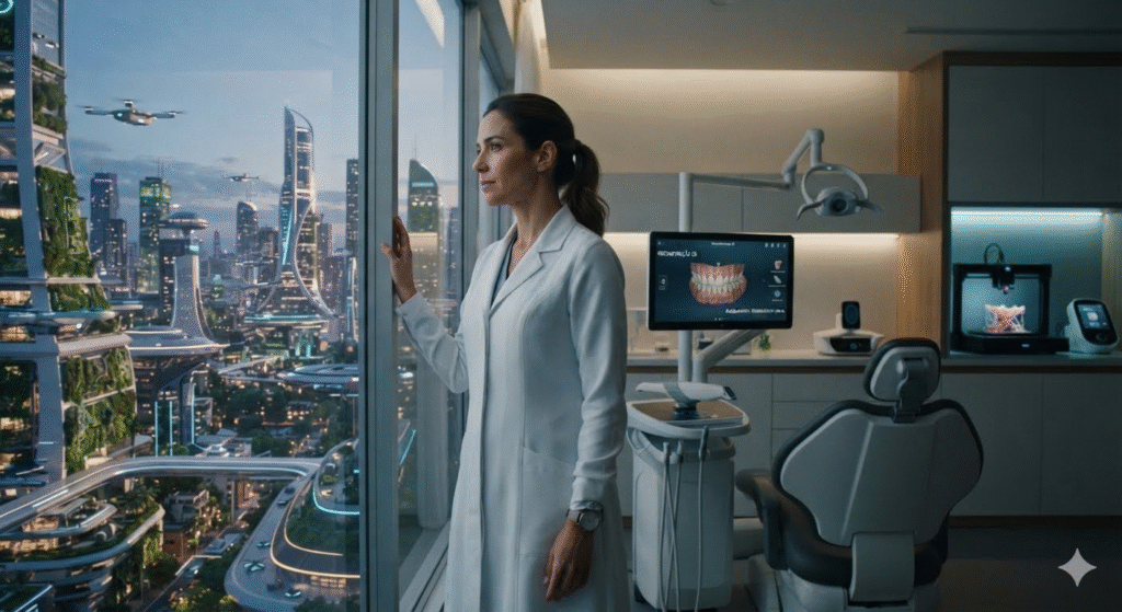 Considerando a segunda imagem (a futurista que encerra o artigo), o texto alternativo deve descrever o que aparece na cena, sem interpretar excessivamente.**Texto alternativo:**> **Cirurgi&atilde;-dentista observa um consult&oacute;rio odontol&oacute;gico futurista, equipado com tecnologias digitais avan&ccedil;adas, planejamento tridimensional e recursos de intelig&ecirc;ncia artificial, representando o futuro da Odontologia.**
